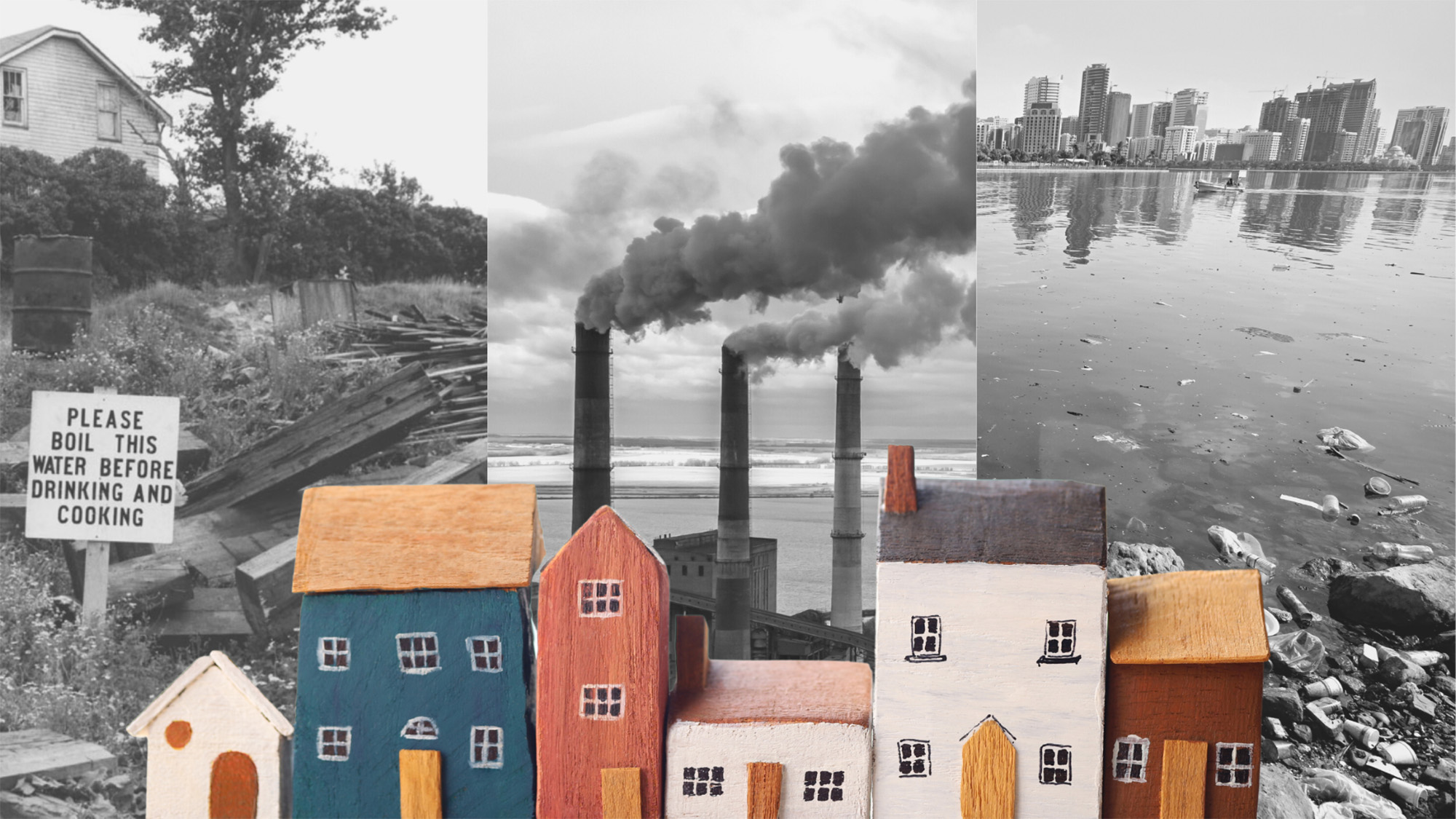 Graphic showing a row of homes on a background of industrial pollution